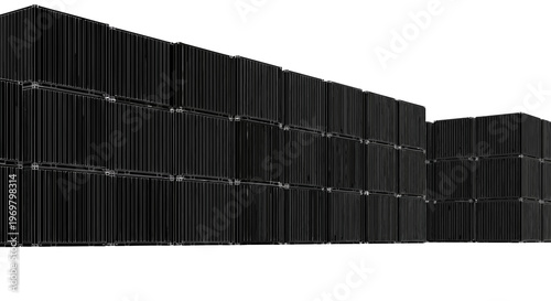 Black shipping containers stacked in a modern warehouse setting  