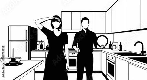 Man and woman preparing food in modern kitchen with anxious expressions  
