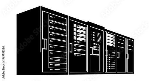 Server racks in a data center in black and white design  