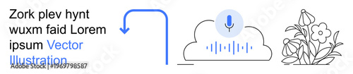 Voice recognition, cloud technology, digital workflow, automation processes, floral designs, nature inspiration. Microphone on cloud, directional arrow flower outlines. Voice recognition and cloud