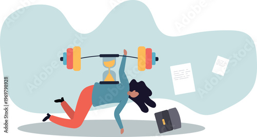Woman Crushed by Barbell with Hourglass and Fallen Briefcase with Documents Vector