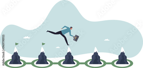 Businessman Running Across Mountain Peaks with Flags Vector illustration