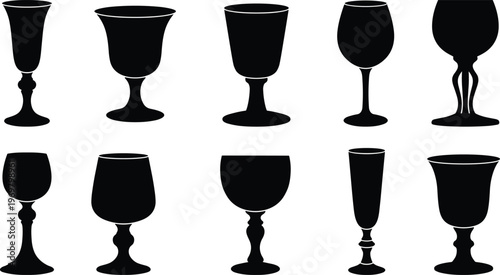 Professional Collection of Diverse Wine Glass and Stemware Silhouettes Featuring Various Goblet Shapes for Restaurant Menus Bar Design and Luxury Celebration Graphic Projects.