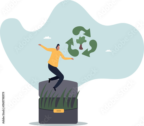 Businessman Jumping from Briefcase with Grass Toward Recycling Icon with Tree Vector illustration