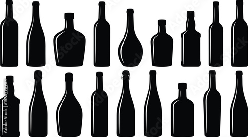Complete Collection of Diverse Bottle Silhouettes including Wine Liquor Spirits and Beer Glass Shapes Isolated on White Background for Bar Restaurant and Graphic Design.