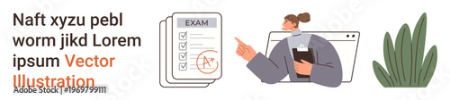 E-learning, academic assessment, distance education, career development, online certification, self-study. Woman pointing at exam sheet, laptop in background. E-learning and academic assessment