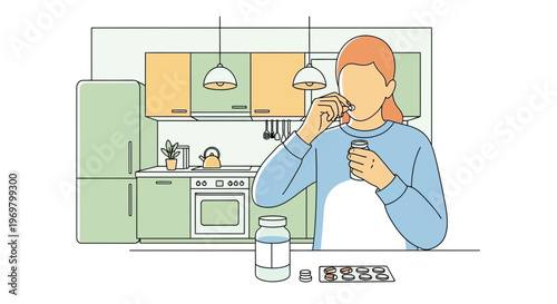 Young woman taking vitamins in modern kitchen with green cabinets  