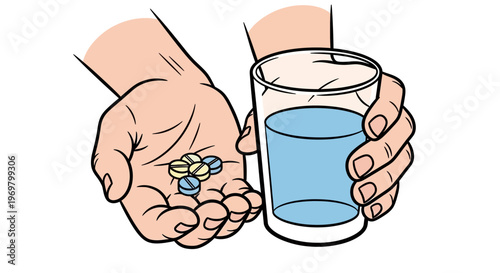 Hands holding blue pills and glass of water on white background  