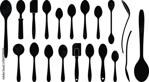 Diverse Collection of Kitchen Spoon Silhouettes Including Wooden Spoons Spatulas and Ladles for Culinary Graphic Design Cooking Icons and Food Service Industry Vector Projects.