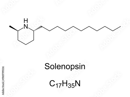 Solenopsin, chemical formula and molecular structure. Lipophilic alkaloid in venom of fire ants, Solenopsis. Primary toxin of the venom, responsible for cardiorespiratory failure after stings. Vector
