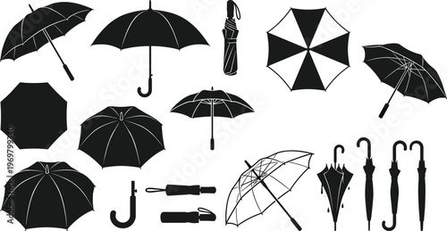 Diverse Collection of Umbrella Silhouettes Including Open Closed and Folded Designs With Rain Gear Icons for Weather Forecast Autumn Season and Protection Vector Illustrations.