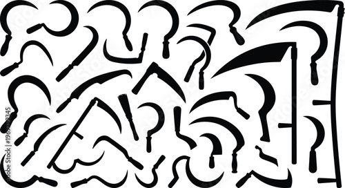 Large collection of sickle and scythe silhouettes including agricultural hand tools, reaping hooks, and harvesting equipment isolated on white background for farming and gardening design.