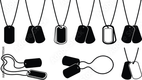 Set of military dog tags vector icons isolated on white background for soldier identification army veteran memorial jewelry and blank metallic pendant badge silhouettes