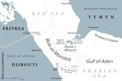 Strait of Bab-el-Mandeb, gray political map. Translated to Gate of Tears, a major global choke point between Yemen and Djibouti as well as Eritrea, connecting the Red Sea and the Gulf of Aden. Vector