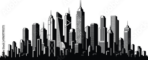 Detailed black and white vector illustration of Hong Kong city skyline silhouette featuring iconic skyscrapers and modern urban architecture isolated on a white background.