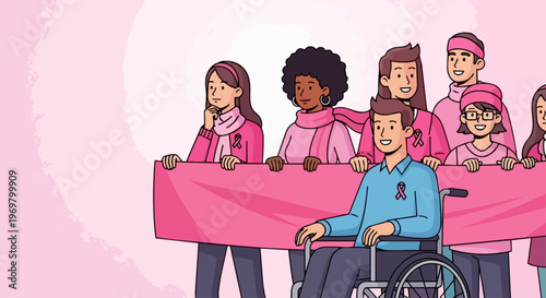 Diverse people promoting Breast Cancer Awareness, holding large pink banner with ribbons, wheelchair user. Community support for Breast Cancer Awareness campaign demonstrates unity, hope.