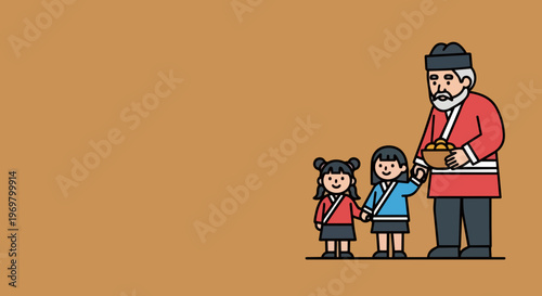 Elder man and two young girls depicting cultural tradition, wearing traditional dress. Cultural tradition shows elder with bowl, girls holding hands, symbolizing community, heritage.