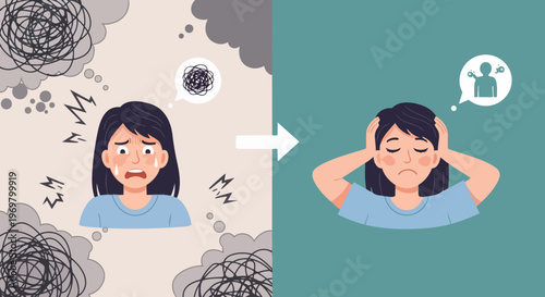 Illustration shows mental health transformation, woman from distress to calm. Visualizes overcoming anxiety, finding peace, improving mental health. Concept mental health awareness, therapy,