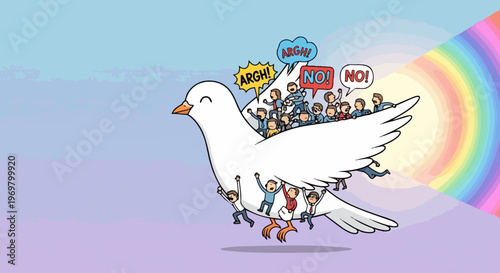 Cartoon white dove carries tiny people, symbolizing peace efforts, flying towards rainbow. Distressed individuals cling, representing human challenges to peace efforts.