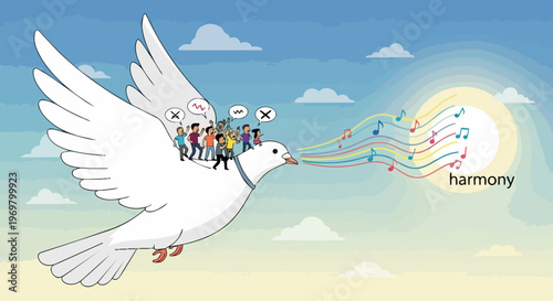White dove illustration flying blue sky carrying diverse people, representing global harmony. Dove emits musical notes and "harmony" text towards sun, symbolizing worldwide understanding.