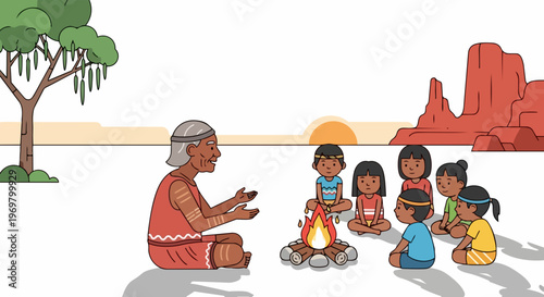 Indigenous storytelling, elder shares wisdom with children gathered around campfire in desert. Cultural gathering portrays deep community bond, fostering learning, emphasizing heritage.