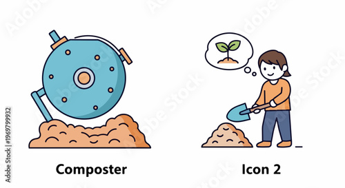 Composting icons depict round blue composter bin on soil, person planting sprout with shovel. These composting icons represent sustainable waste management, eco living, gardening.