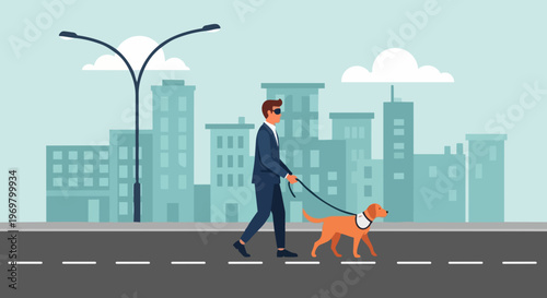 Blind man walking with guide dog on city street, urban architecture background. Visually impaired person navigating sidewalk, loyal guide dog providing crucial support.