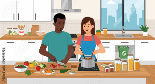 Diverse couple cooking fresh vegetables on kitchen counter. Happy couple cooking healthy meal, preparing ingredients for dinner. Modern couple cooking concept for lifestyle blogs, home living content.