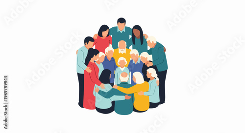 Diverse people illustrate strong community, forming an embracing circle. Generations show deep bonds, togetherness, mutual care, exemplifying positive community. Concept for social initiatives,