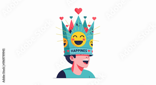 Person illustration portraying happiness concept with crown adorned by smiling emoji faces and hearts. Crown displays "HAPPINESS" text, symbolizing inner joy.