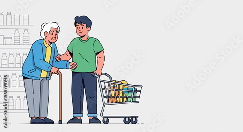 Illustration shows young man providing senior assistance to elderly woman inside grocery store aisle. Caring person pushes full shopping cart as senior citizen uses cane, offering needed support.