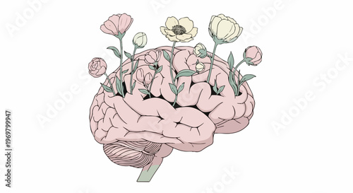 Brain illustration with blooming flowers, representing mind growth. Delicate blossoms emerge from cerebral cortex, symbolizing intellectual development. Graphic promoting mental well-being,