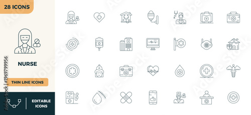 Nurse Icon Collection: A meticulously curated collection of sleek, thin-line icons representing various aspects of the nursing profession, ideal for design projects related to healthcare and medicine.