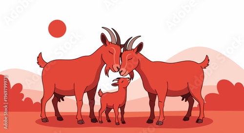 Goat family illustration showing loving parents and small kid. Happy goat family bonding on serene hillside landscape, showcasing warmth and affection.