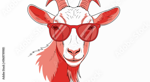 Cool goat wearing red sunglasses with a confident expression. Illustration portrays a stylish cool goat with curved horns and a white beard on a clean background.
