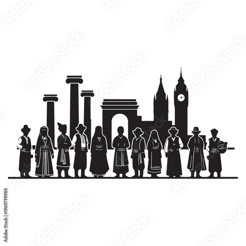 Historical monument silhouettes, people in traditional attire standing, black and white