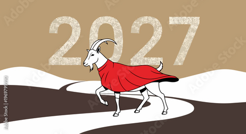 Goat in red cape walking on path, symbolizing arrival of Year 2027. Illustration depicts white goat in heroic posture, celebrating Chinese New Year, the Year 2027.