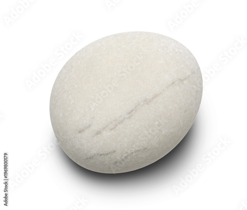 Smooth, round stone with soft beige color and faint gray veining. Stone isolated on pure white background with soft shadow. Simple. Suitable for wellness, meditation