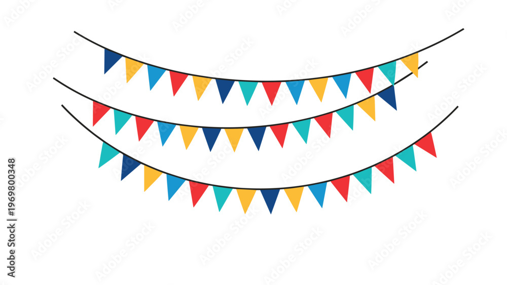 Obraz premium Three rows of colorful triangular party bunting flags hanging for celebration festival and birthday event decorations.