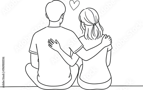 Couple sitting together with arm around each other and heart above