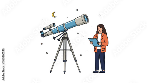 Young female astronomer looking through powerful telescope equipment under starry night sky to study celestial objects in space.