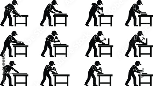 Black silhouette illustrations of a man working with various power tools on a workbench