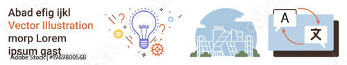 Innovation, creativity, globalization, architecture, language translation, education. Light bulb with question marks, futuristic building translation icons on screen. Innovation and globalization