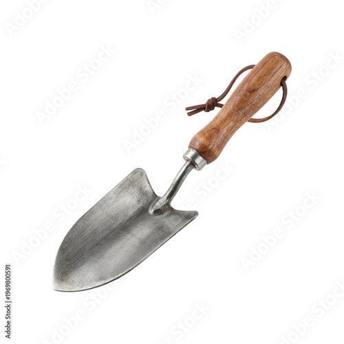 A single, weathered gardening trowel with a rustic wooden handle, ideal for planting and cultivating soil in gardens and flowerbeds