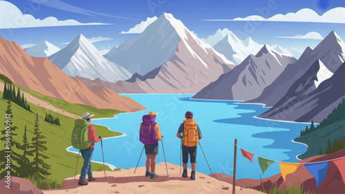 Three hikers with backpacks standing on mountain trail overlooking serene lake and snow capped mountains