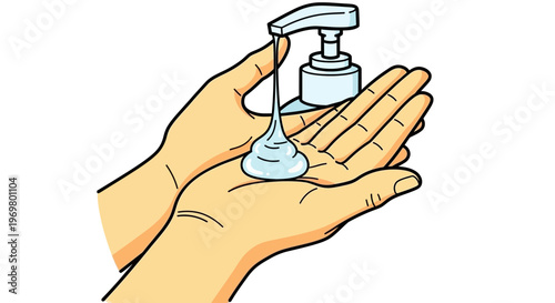 Hands dispensing liquid soap from a pump bottle  