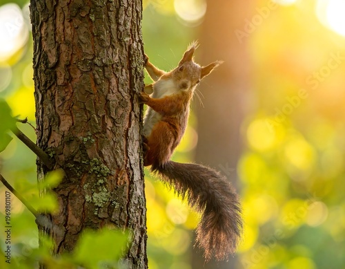 A red-brown squirrel clings to the textured bark of a tree, its fluffy tail curved. Sunlight filters through surrounding foliage, illuminating the forest