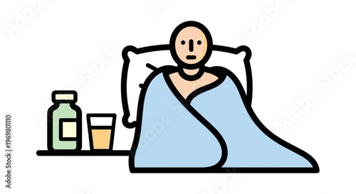 Sick person sitting in bed under blanket with medication and drink  