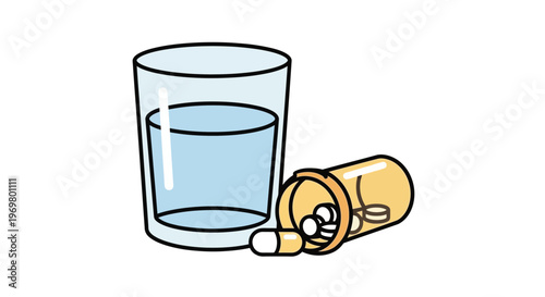 Pill bottle with pills and a glass of water on white background  