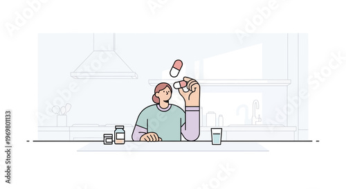 Young person taking medication with bottles on kitchen counter  